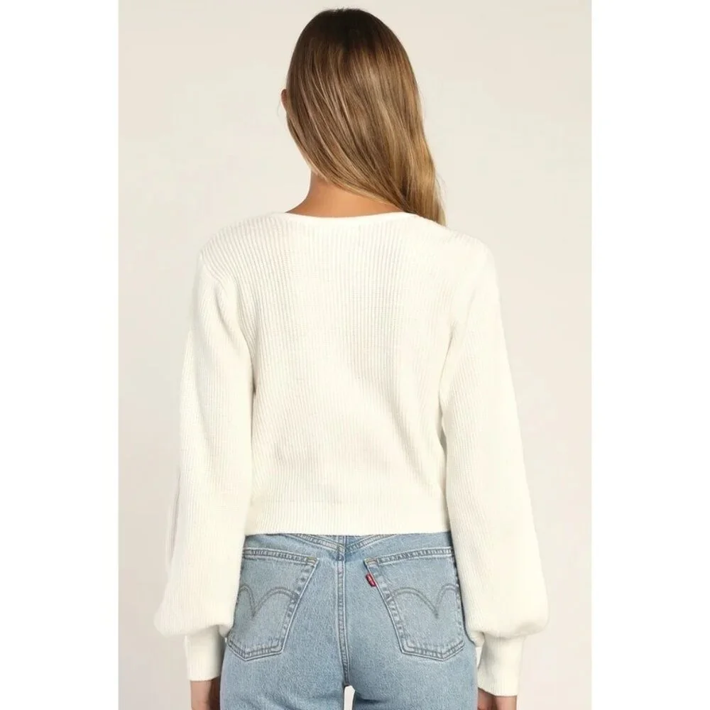 XS Lulus Pullover Fit For Fall Ivory Surplice Balloon Sleeve Sweater - Picture 4 of 10